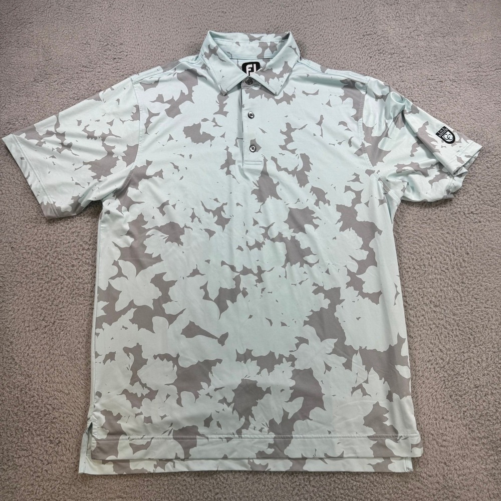 FootJoy Mens Floral Camo Golf Polo Shirt Light Blue Grey Performance Size Large